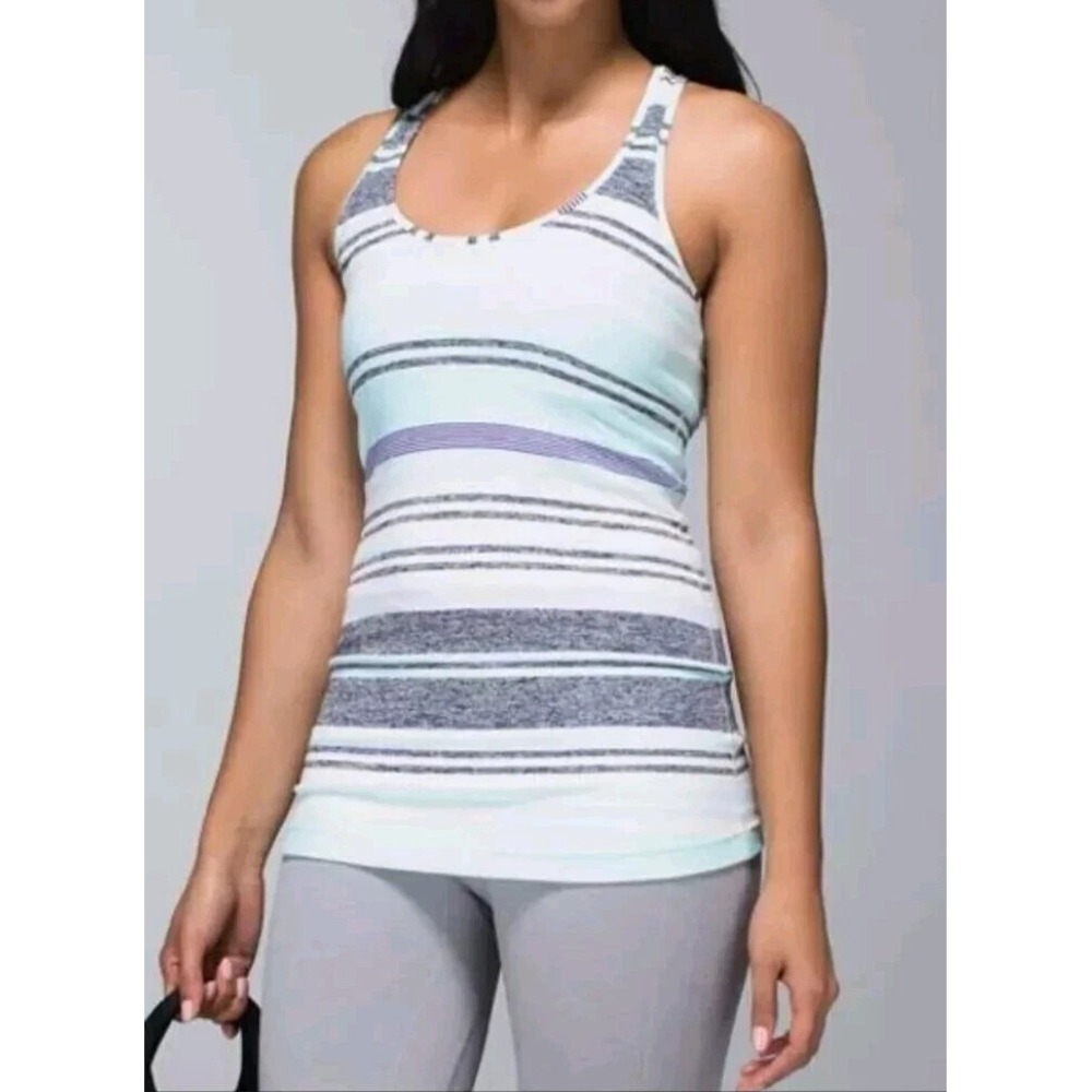 LULULEMON Size 6 Cool Racerback Groovy‎ Stripe Static Wave Cadet Blue Tank Top